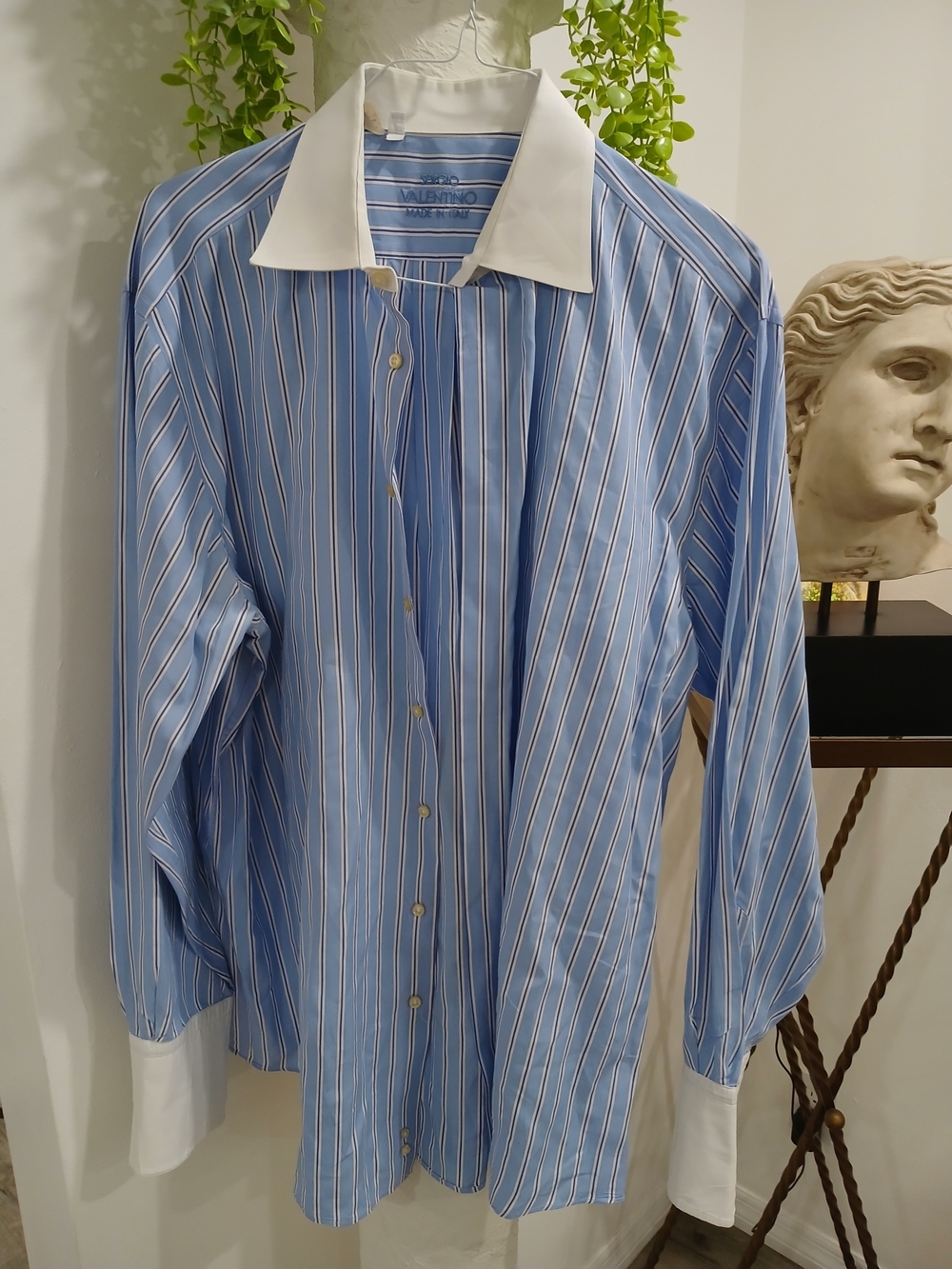 Valentino Light Blue Striped Dress Shirt with White Contrast Collar